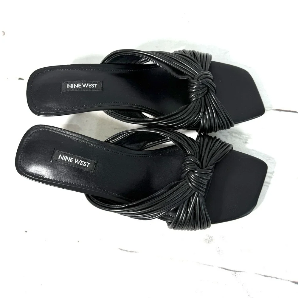 Nine West Dafidil Womens Sandals 9 M Black Leather Slip On Kitten Heels